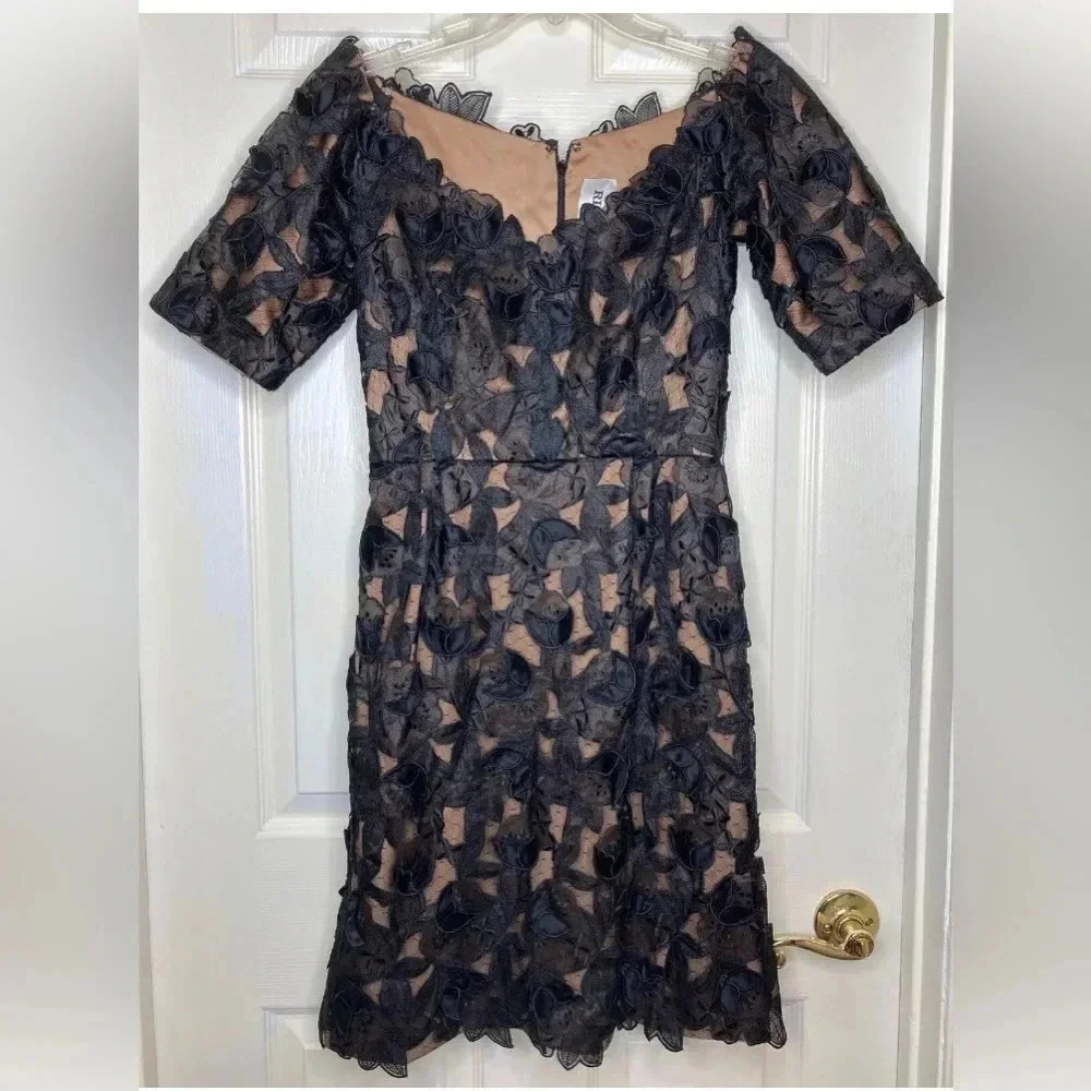 Vintage 1980’s RICHILENE NEW YORK Black Nude Illusion Lace S/s Dress Sz Small?
